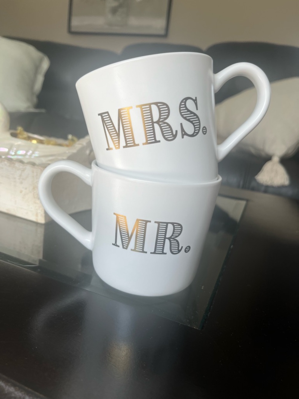 Mr. & Mrs. Ceramic Coffee Mug Set - White with Gold Lettering